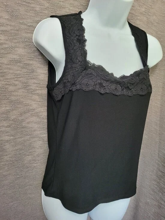 Susan Lawrence Y2K Black Tank Shell Cami Slinky Knit Top Womens S Lace Trim - Picture 10 of 12